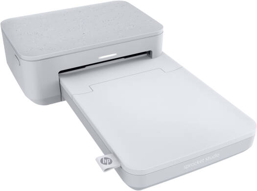 HP Sprocket Studio Photo Printer – 300 DPI, dye-sublimation printing, Bluetooth 5.0, 20-sheet input tray, compatible with dye-based ribbon ink, White