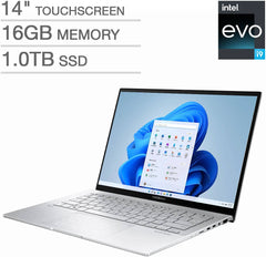 Asus Zenbook 14 Laptop featuring a 14" 2K OLED touchscreen display, powered by an Intel Core i9-13900H processor. Equipped with 16GB RAM, 1TB SSD storage, Intel Iris Xe graphics, an English backlit chiclet keyboard, and Windows 11, 90NB10G7-M00UR0.