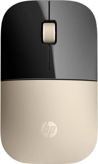 HP Z3700 Wireless Mouse with 1200 DPI optical sensor, 3-button setup, 2.4GHz USB receiver, Blue LED tracking, slim modern design, and broad device compatibility — Gold.