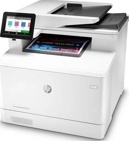 HP Color LaserJet Pro MFP M479dw A4 color multifunction printer with up to 28 ppm print speed, 600×600 dpi resolution, 50-sheet ADF, 250-sheet input tray, and USB 2.0/Ethernet connectivity.