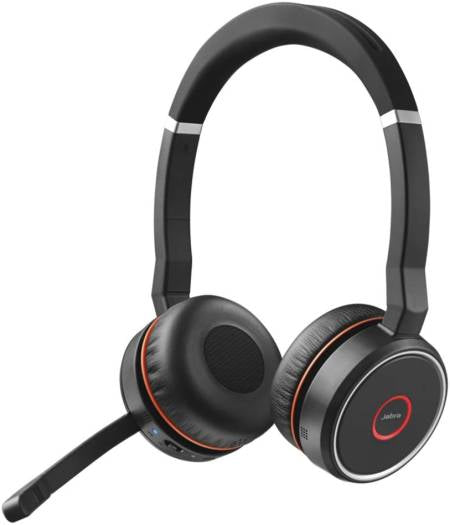 Jabra Evolve 75 SE MS Stereo Wireless Headset (W13M Version A) with Link 380a adapter, Bluetooth connectivity, hi-fi audio, on-ear design, and built-in volume controls for use with both PC and mobile devices.