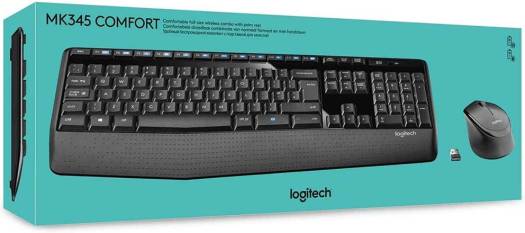 Logitech MK345 Wireless Keyboard and Mouse Combo, featuring a 10m wireless range, USB receiver connectivity, 1000 DPI precision mouse, integrated palm rest, and English/Arabic layout in sleek black.