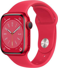 Apple Watch Series 8 with GPS, 41mm (PRODUCT) Red aluminum case, paired with a (PRODUCT) Red sport band (Regular)