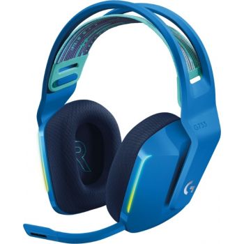 Logitech G733 LIGHTSPEED Wireless RGB Gaming Headset in Blue, featuring PRO-G 40mm drivers, a 6mm cardioid microphone, DTS Headphone:X 2.0 surround sound, and 16.8 million customizable light colors