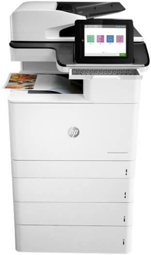 HP Color LaserJet Enterprise MFP M776z – Print, Copy, Scan, Fax functions, up to 46 ppm print speed, automatic duplex printing, 1200 x 1200 dpi resolution, 9" touchscreen display, White.