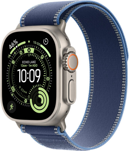 Apple Watch Ultra 3 Smartwatch with Always-On Retina Display, S10 Chip, up to 42 hours battery life, GPS + Cellular, 49mm Natural Titanium Case, and Blue/Bright Blue Trail Loop Band (M/L 145–220mm).