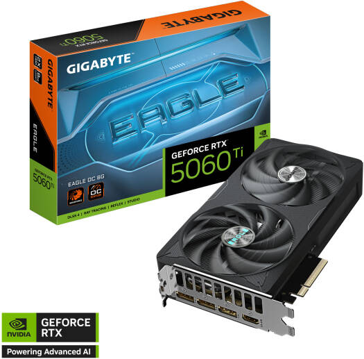 GIGABYTE GeForce RTX 5060 Ti EAGLE OC Graphics Card featuring 16GB GDDR7 128-bit memory, 2617 MHz boost clock, 28 Gbps memory speed, PCI Express 5.0 interface, in black.