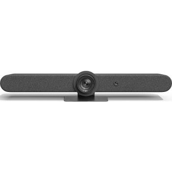 Logitech Rally Bar all-in-one video bar for medium-sized meeting rooms, featuring pan/tilt/zoom camera functions, 10/100/1G Ethernet, Wi-Fi 802.11a, 128-bit AES security, and a graphite finish (UK-ME variant).