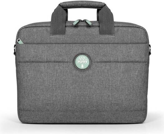 YOSEMITE Eco Laptop Bag, designed for 13/14" devices, is built with eco-conscious r-PET and PET recycled materials. It features a fully padded interior for protection and includes an adjustable
