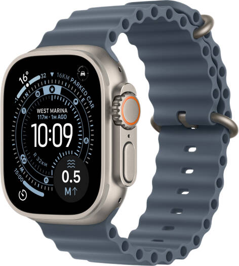 Apple Watch Ultra 3 Smartwatch with Always-On Retina Display, S10 Chip with 64-Bit Dual-Core Processor, up to 42 hours battery life, GPS + Cellular, 49mm Natural Titanium Case, and Anchor Blue Ocean Band.