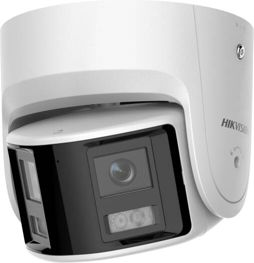 Hikvision 4MP Panoramic ColorVu Fixed Turret Network Camera featuring dual 1/2.5" progressive scan CMOS sensors, a 2.8mm fixed lens, and an F1.0 aperture.