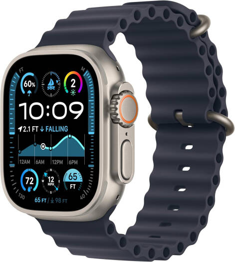 Apple Watch Ultra 2 GPS + Cellular 49mm Smartwatch with Rugged Titanium Case and Navy Ocean Band, featuring Fitness Tracking, Precision GPS, Action Button, Extended Battery Life, and Bright Retina Display.