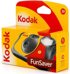 KODAK FunSaver 24mm single-use camera with flash, 39 exposures, built-in auto-recharge flash, Kodak Gold ISO 400 film, water and dust resistant, and easy one-touch operation.