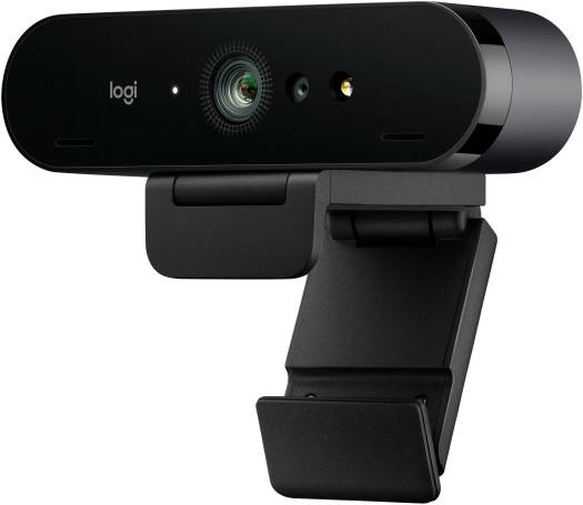 Logitech 4K Pro Webcam with DCI 4K recording at 30 fps, a wide 90° diagonal field of view, 5x digital zoom, fast autofocus, and dual omnidirectional stereo microphones — compatible with Windows, Mac, and Chrome devices.