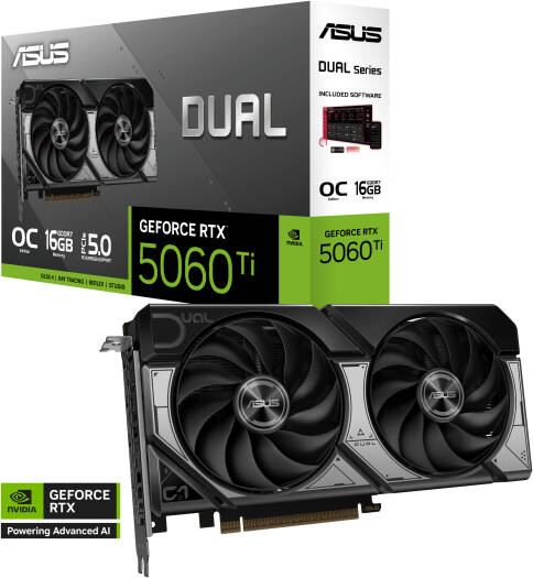 ASUS Dual GeForce RTX 5060 Ti 16GB GDDR7 OC Edition Graphics Card with 16GB GDDR7 (128-bit), 2602 MHz boost clock, 28 Gbps memory speed, 4608 CUDA cores, and PCIe 5.0 support.