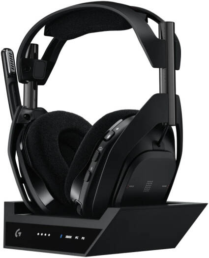 Logitech Astro A50 X LIGHTSPEED Wireless PLAYSYNC Gaming Headset with Base Station in Black, featuring 40mm PRO-G GRAPHENE drivers, up to 24 hours of playtime, 24-bit audio support, HDMI 2.1 passthrough, compatible with Xbox Series X|S, PS5, and PC.