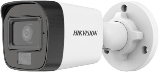Hikvision 3K Dual-Light Audio Fixed Mini Bullet Camera with a 2.8 mm fixed lens, audio transmission over coaxial cable, built-in microphone, up to 25 m IR range, IP67-rated protection, and a white finish.