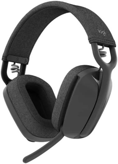 Logitech Zone Vibe 100 Wireless Headset in Black, featuring 40mm audio drivers, Bluetooth connectivity with up to 30m range, a flip-to-mute noise-canceling microphone, 20-hour battery life, memory foam and fabric cushioning, and USB-C charging.