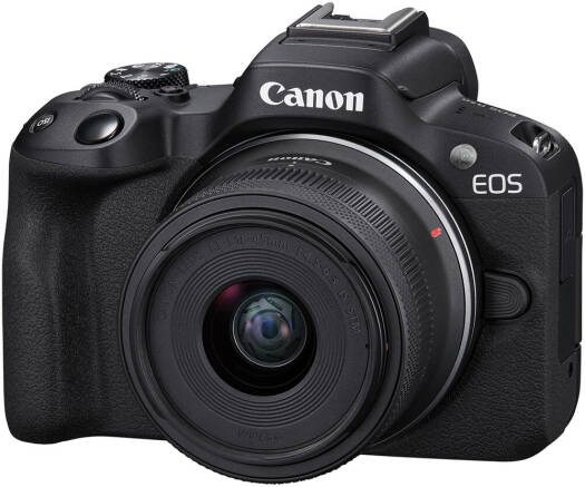 Canon EOS R50 Mirrorless Camera Kit – Black, includes RF-S 18–45mm f/4.5–6.3 IS STM lens and supports 4K video recording.