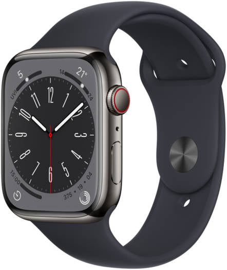 Apple Watch Series 8 with GPS + Cellular, 45mm size, graphite stainless steel case with a midnight sport band, crack and dust resistant, offering all-day battery life