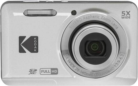 Kodak PIXPRO FZ45 digital camera in white, with a 16.35MP sensor, 4× optical zoom, 2.7-inch LCD, wide shooting modes, face and pet detection, and digital image stabilization.