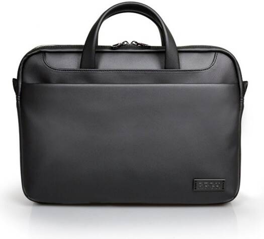 Port Designs ZURICH laptop bag for 14"–15.6" laptops in black, featuring a large front zippered pocket, padded interior, and an adjustable, removable shoulder strap.