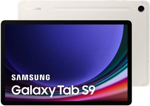 Samsung Galaxy Tab S9 (5G + Wi-Fi) — 11" Dynamic AMOLED 2X display with 120Hz refresh rate, 12GB RAM, 256GB storage, MicroSD slot, S Pen included, 13MP rear and 12MP front cameras, UAE variant, in Beige.