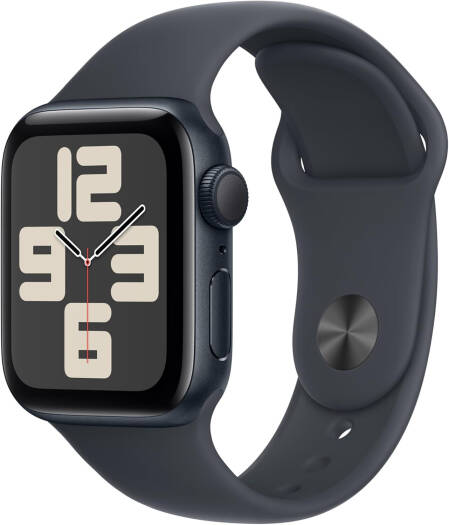 Apple Watch SE (2nd Gen, 2024) — 40mm GPS model with a midnight aluminum case, midnight sport band (M/L), 32GB storage, and 50m water resistance.