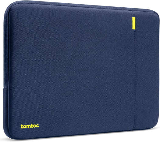 A blue Tomtoc Defender-A13 laptop sleeve designed for 13-inch MacBook or Surface Laptop, featuring 360° protection with CornerArmor, durable recycled fabric, and YKK zippers.