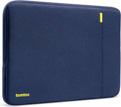 Tomtoc Defender-A13 laptop sleeve for 13-inch MacBook or Surface Laptop, offering full 360° protection with patented CornerArmor, made from durable recycled fabric and equipped with YKK zippers, in blue.