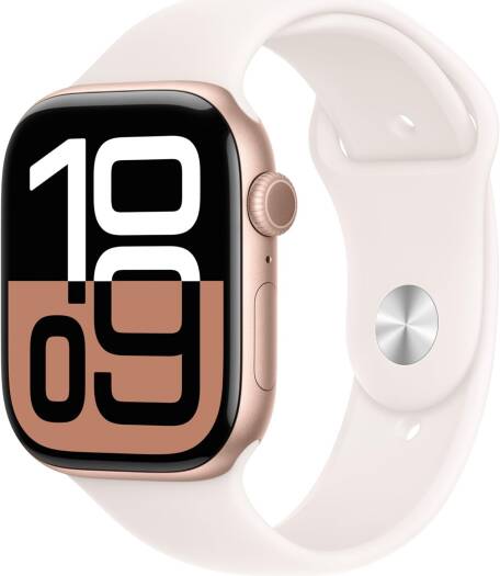 Apple Watch Series 10 (GPS, 42mm) with a rose-gold aluminum case, light blush sport band (S/M), always-on Retina display, water-resistant design, TRA version.