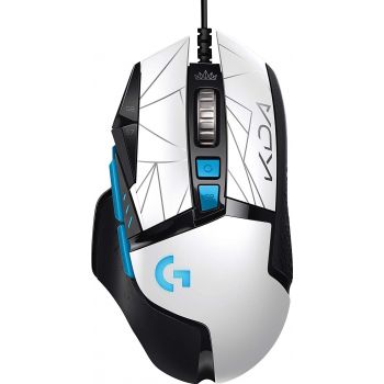 Logitech G502 HERO League of Legends K/DA Edition Gaming Mouse – features a 25,600 DPI HERO sensor, 11 programmable buttons, hyper-fast scroll wheel, LIGHTSYNC RGB lighting, and a 2.3 m USB cable in a stylish white design.