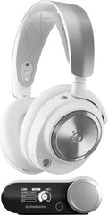 SteelSeries Arctis Nova Pro Wireless Multi-System Gaming Headset with 40mm neodymium drivers, ClearCast Gen2 retractable microphone, active noise cancellation, 360° spatial audio, compatible with PC and PS5, in white.