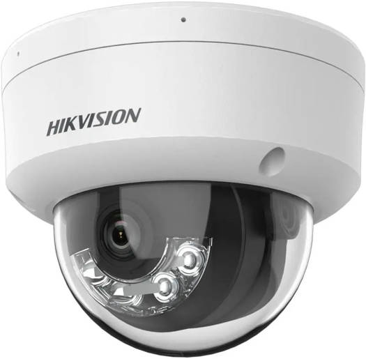 Hikvision 2MP Smart Hybrid Light fixed dome network camera with a 2.8mm lens, H.265+ compression, built-in microphone, up to 30m IR range, and IP67-rated water and dust resistance (white).