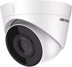 Hikvision 2 MP Fixed Turret Network Camera with a 2.8 mm lens, built-in microphone, up to 30 m infrared range, support for up to 256 GB SD card storage, H.265+ video compression, and a white finish.