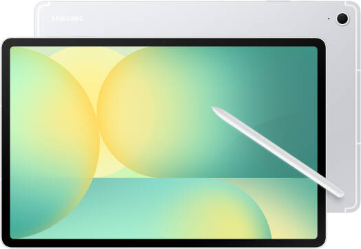 Samsung Galaxy Tab S10 FE+, 13.1" WQXGA+ TFT display, Exynos 1580 chipset, 8GB RAM, 128GB storage, Xclipse 540 GPU, S-Pen included, 5G connectivity, 10090mAh battery, in Silver.