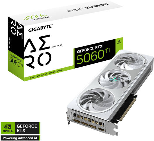 GIGABYTE GeForce RTX 5060 Ti AERO OC Graphics Card featuring 8GB GDDR7 128-bit memory, 2647 MHz boost clock, 28 Gbps memory speed, and PCI Express 5.0 interface.