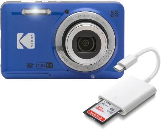 Kodak PIXPRO FZ55 digital camera in blue, bundled with a SanDisk 32GB Ultra SD card and card reader, featuring a 16.35MP sensor, 5× optical zoom, 28mm wide-angle lens, 2.7-inch LCD, and Full HD 1080p video recording.