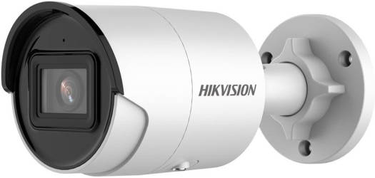 Hikvision 6MP AcuSense fixed bullet network camera featuring a 2.8mm fixed lens, 40m IR range, 120 dB WDR, H.265+ video compression, built-in microphone, and IP67-rated weather resistance (white).