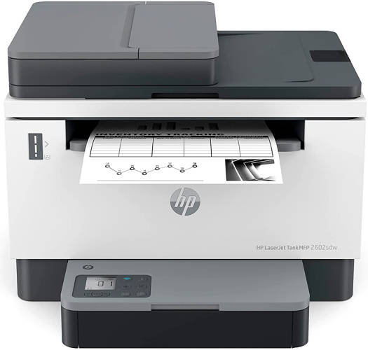 HP LaserJet Tank MFP 2602sdw A4 Mono Laser Printer – Print, Scan, Copy; up to 22ppm; 25,000-page duty cycle; 100-sheet output; Wi-Fi & Bluetooth; White.
