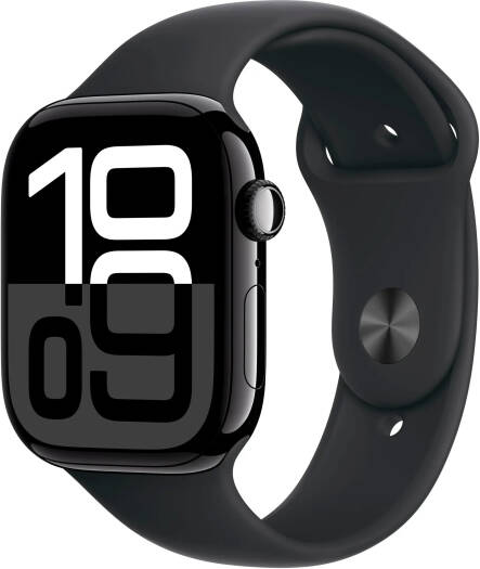Apple Watch Series 10 (GPS, 2024), 46mm Aluminum Case with Black Sport Band (S/M), Health Tracking, Jet Black.