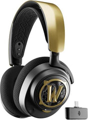 SteelSeries Arctis Nova 7 Wireless World of Warcraft Edition Gaming Headset featuring 40mm neodymium drivers, 360° spatial audio, ClearCast Gen 2 technology, and a fully retractable boom microphone, in black and yellow.