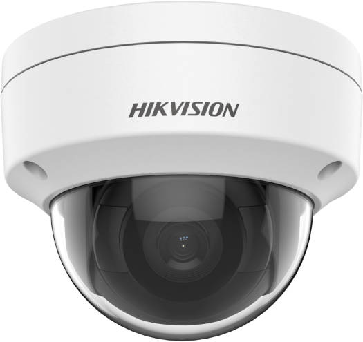 Hikvision 4 MP AcuSense Fixed Dome Network Camera with a 2.8 mm lens, built-in microphone, H.265+ compression, IR LEDs for night vision, and a white finish.