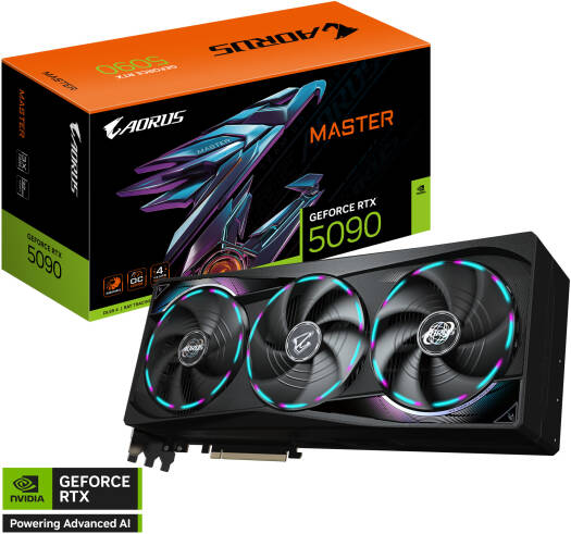 GIGABYTE AORUS GeForce RTX 5090 MASTER Graphics Card, featuring 32GB GDDR7 512-bit memory, 2655MHz core clock, 21,760 CUDA cores, and PCI Express 5.0 interface.