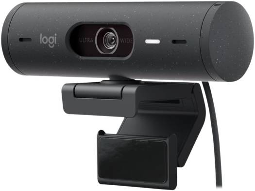 Logitech Brio 505 Full HD webcam with 30fps video, built-in privacy shutter, dual noise-reducing microphones, 4x digital zoom, and USB-C connectivity; compatible with Windows, macOS, and ChromeOS