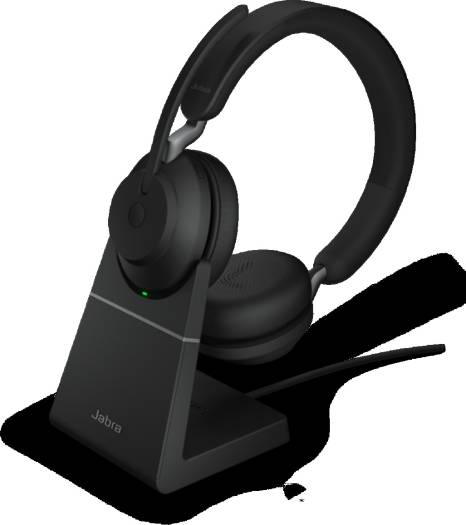 Jabra Evolve2 65 Stereo Wireless On-Ear Headset with charging stand, Microsoft Teams optimization, up to 37 hours of battery life, soft memory foam ear cushions, USB-C connectivity, and a sleek black finish.