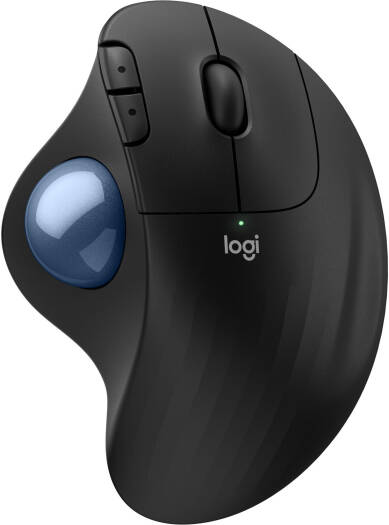 Logitech Ergo M575S Wireless Trackball Mouse with ergonomic design, blue trackball, advanced optical tracking, 5 programmable buttons, and dual connectivity via Bluetooth and Logi Bolt USB receiver — Graphite.