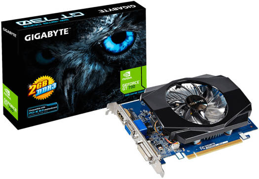 GIGABYTE GV-N730D3 Graphics Card with 2GB DDR3 (64-bit), built on 28nm technology, featuring a 902 MHz core clock, 1800 MHz memory clock, PCI-E 2.0 interface, and outputs including Dual-link DVI-D, HDMI, and D-Sub.
