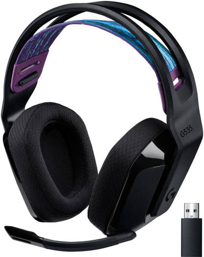 Logitech G535 LIGHTSPEED Wireless Gaming Headset in Black, featuring 40mm drivers, 20Hz–20kHz frequency response, over-ear design, flip-to-mute microphone, 12-meter wireless range, and up to 33 hours of battery life.