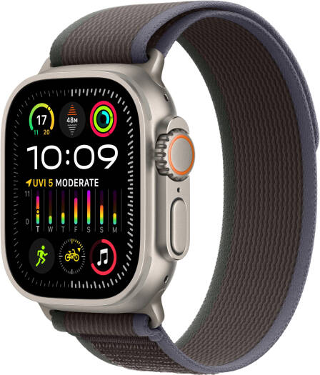 Apple Watch Ultra 2 (GPS + Cellular, 49mm) featuring a titanium case, M/L blue/black Trail Loop, OLED Retina display, fitness tracking, an Action button, and extended battery life.